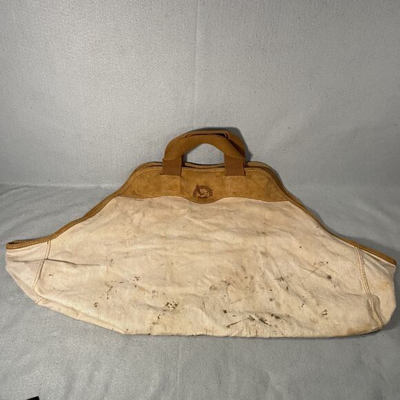Eddie Bauer Canvas Suede Log Firewood Wood Tote Carrier Wrap Bag Vintage - Picture 1 of 9